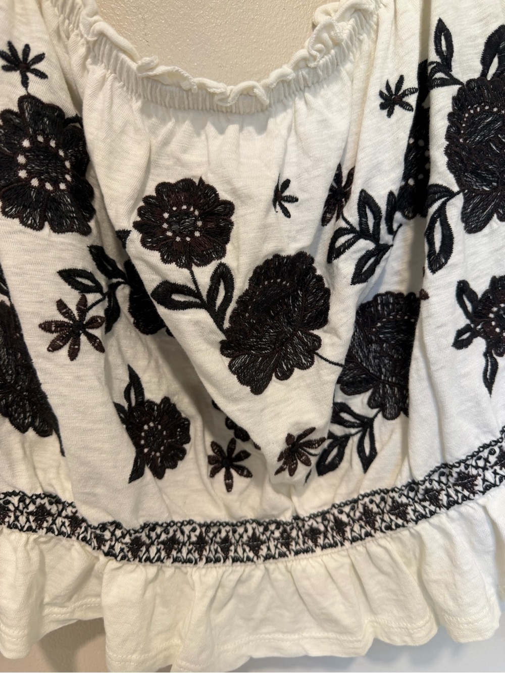 Embroidered Floral Peasant Top — White with Black Embroidery - Picture 2 of 3